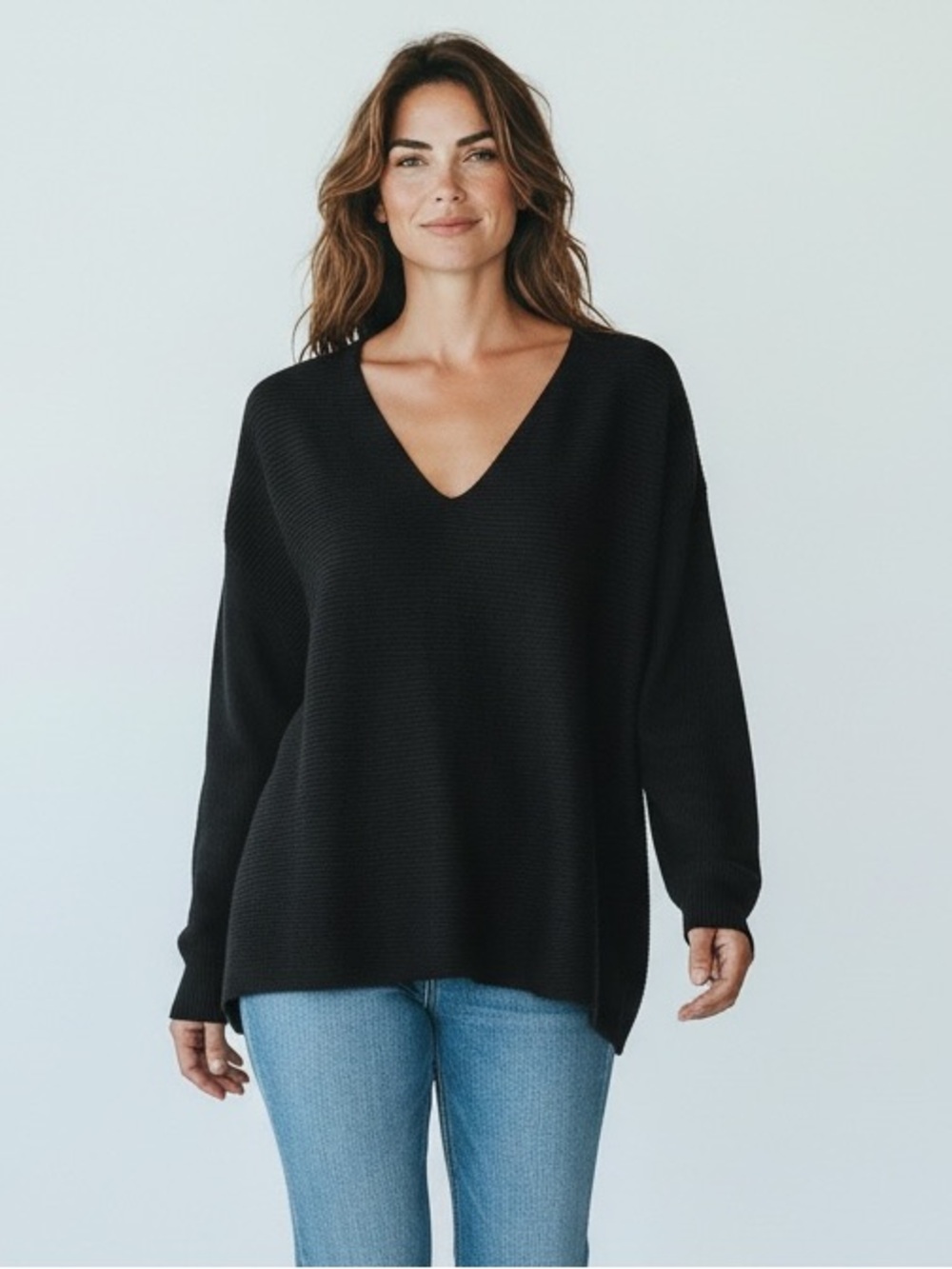Ella Moss --V-Neck Long Sleeve Horizontal Ribbed Tunic Sweater Size L